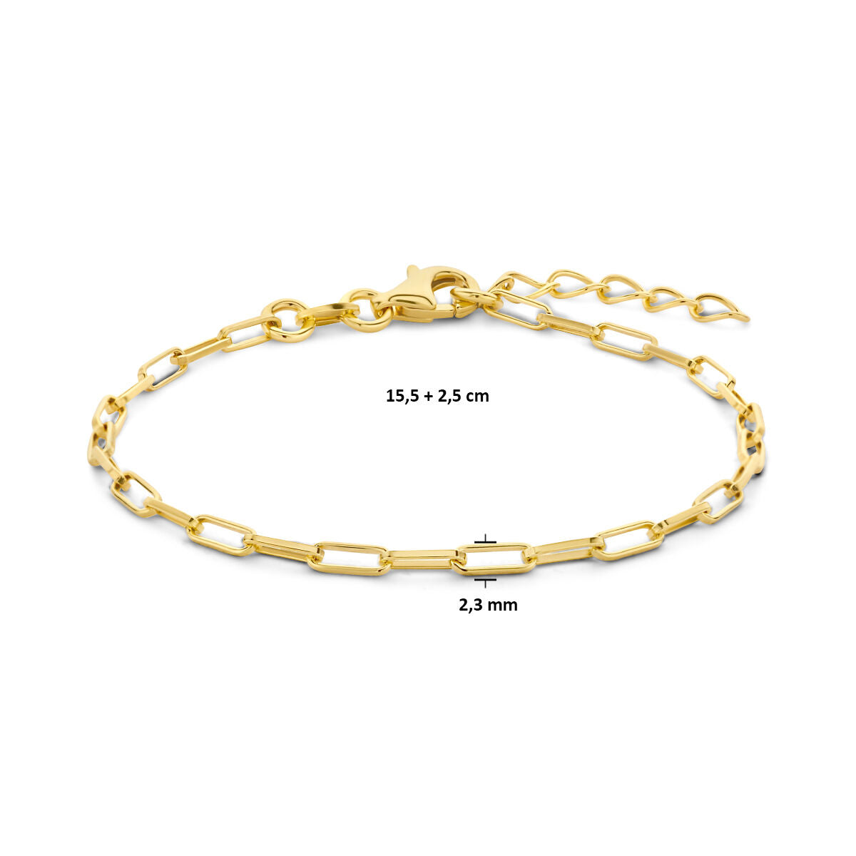 bracelet paperclip tube carré 2,3 mm 15,5 + 2,5 cm 3 microns argent plaqué or (jaune)