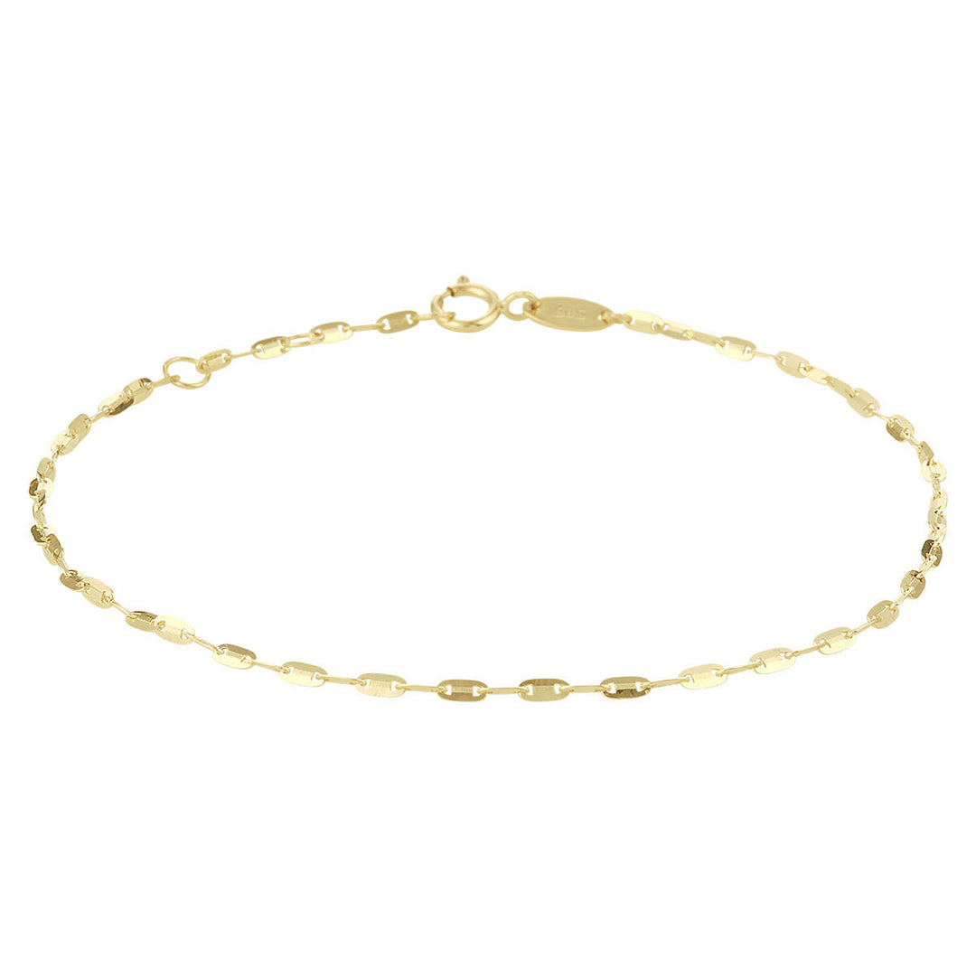 Het Van der Kooij Collectie enkelbandje plaatjes 1,5 mm 24-26 cm is een delicaat 14K geelgouden enkelbandje met kleine ovale schakels en een veerringsluiting, afgebeeld op een witte achtergrond.