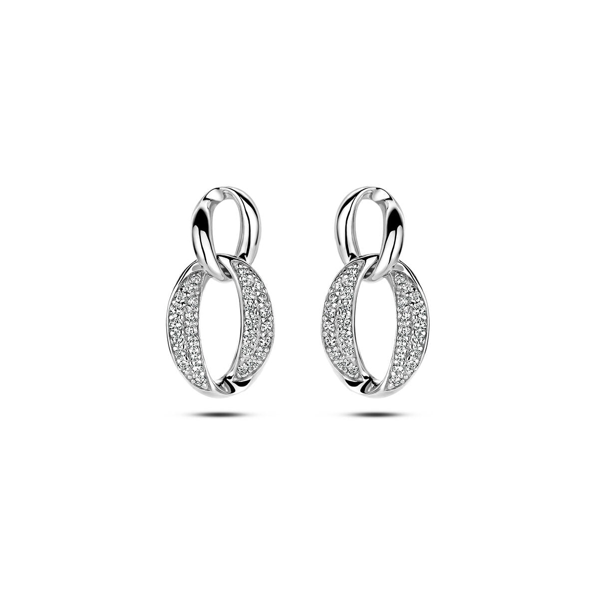 Boucles d'oreilles en argent rhodié avec zirkonia, en forme de maillons ovales.