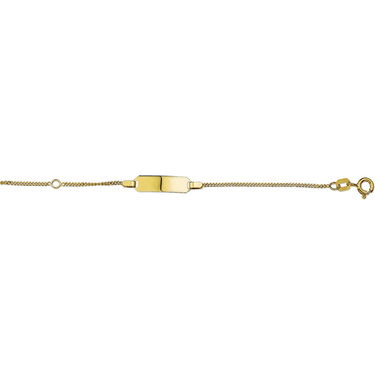 De Van der Kooij Collectie graveerarmband gourmet plaat 5 mm (11-13 cm) is een fijne geelgouden kinderarmband met een blanco rechthoekige naamplaat, fijne gourmet schakels en een veilige sluiting: perfect voor personalisatie.