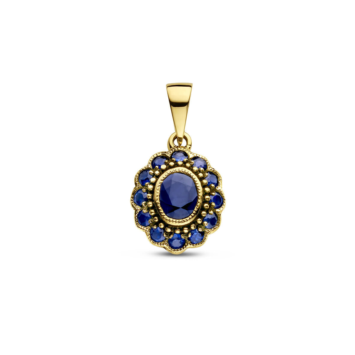 pendentif en or jaune 14K avec saphir central et pierres bleues entourantes.