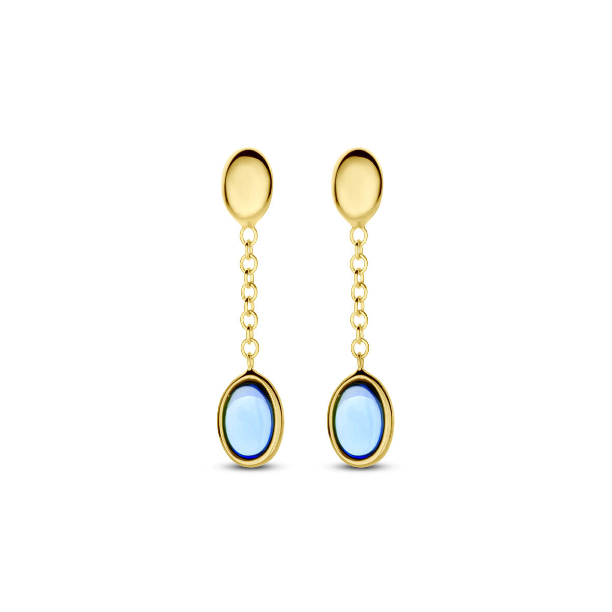 Boucles d'oreilles en or jaune 14K avec topazes london blue, longueur de 26 mm.