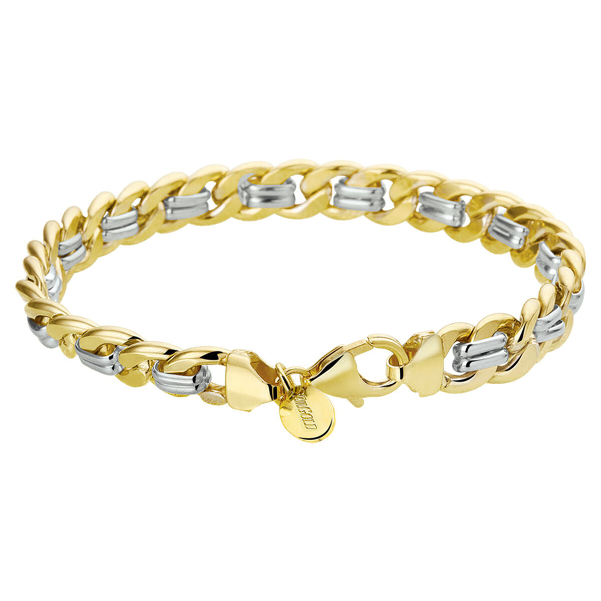 Bracelet gourmette bicolore en or et argent, maillons de 8 mm, finition polie.