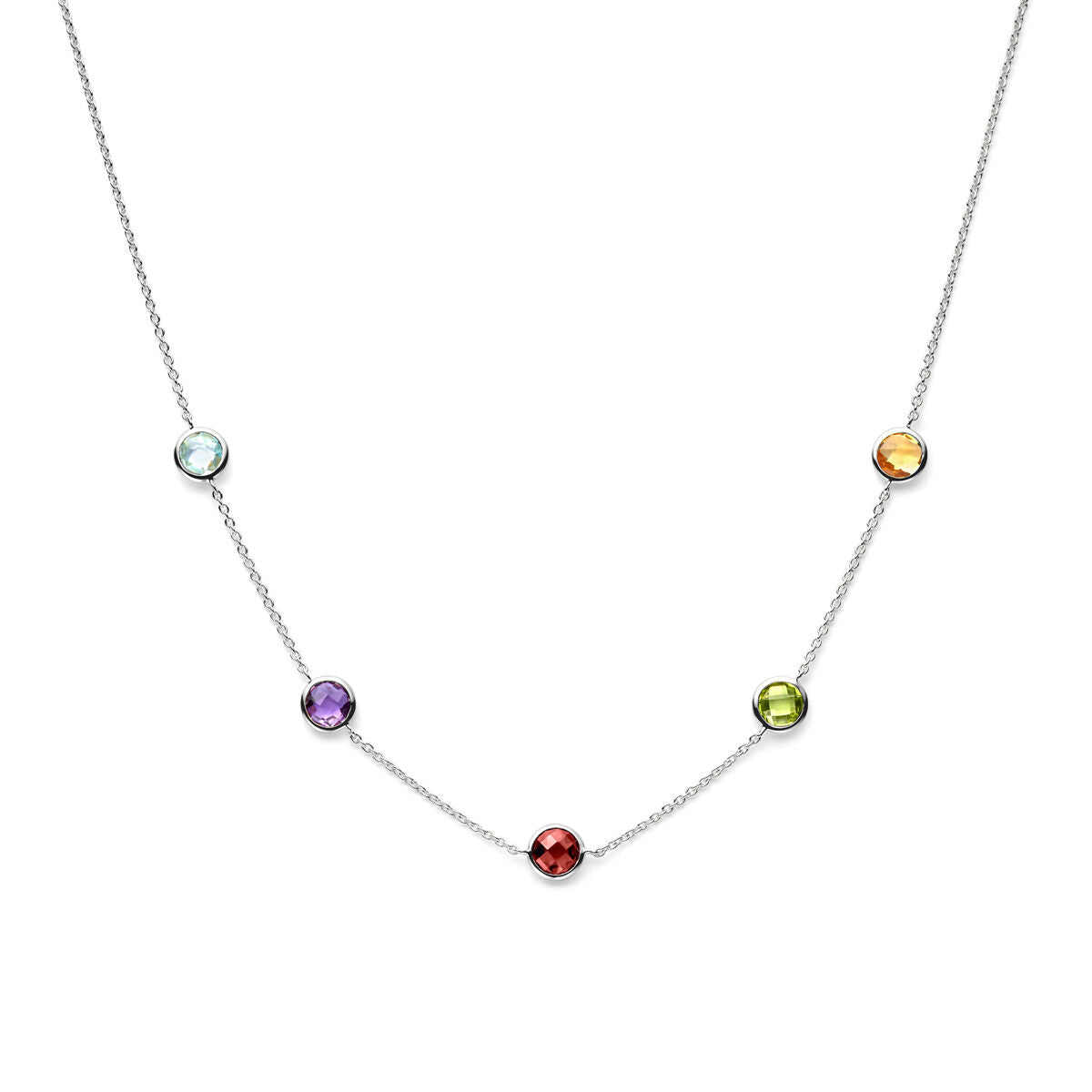 Collier en argent rhodié avec cinq pierres colorées disposées en ligne.