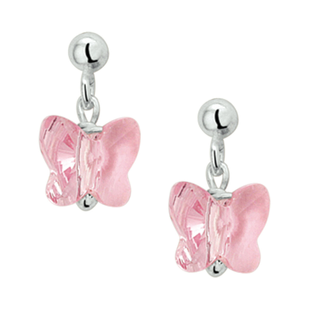 Boucles d'oreilles en forme de papillon en strass rose avec finition en argent rhodié.