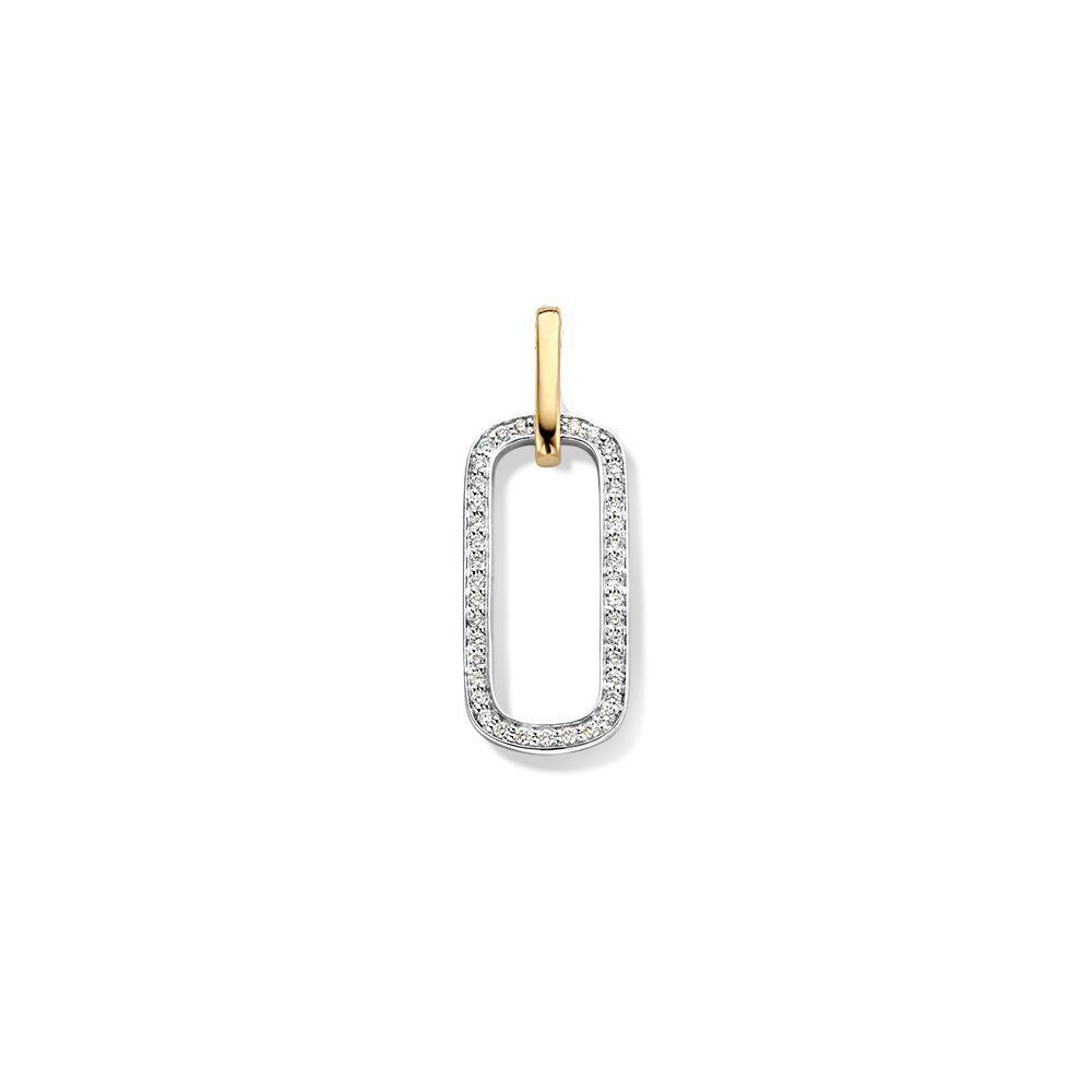 Pendentif en or jaune et blanc 14 carats avec un design original, orné de diamants de 0,14 crt.