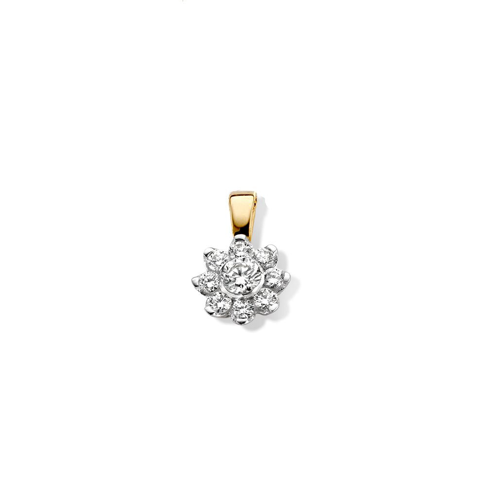 Pendentif en or jaune 14 carats avec un diamant brillant de 0,21 ct, en forme de fleur.