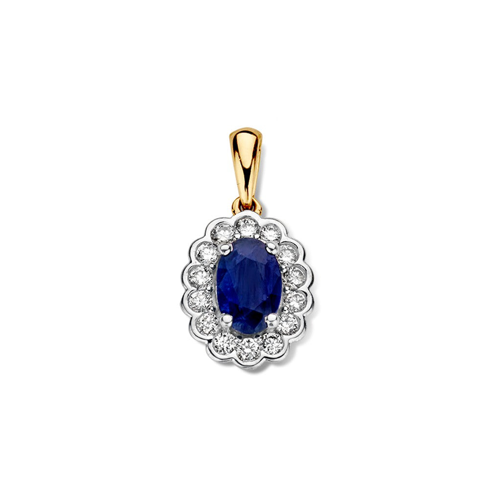 Pendentif en or jaune de 14 carats avec un saphir bleu ovale et des diamants entourants.
