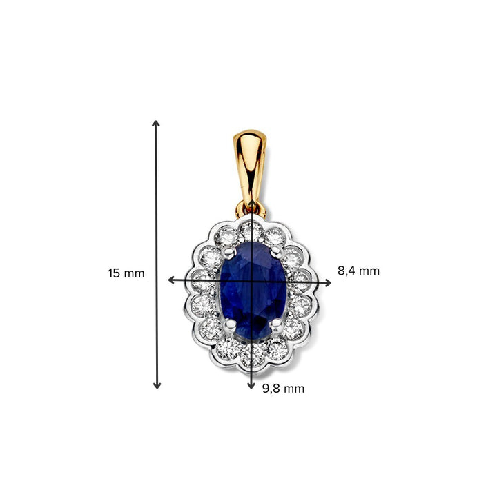 Geelgouden hanger met blauwe saffier en diamant - 14 karaat