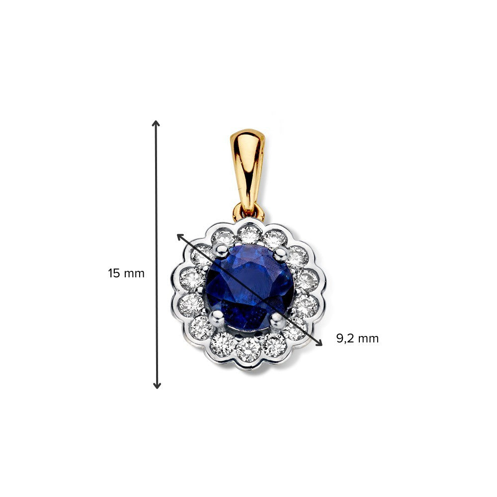 Pendentif bicolore en or jaune et or blanc avec saphir bleu et diamants - 14 carats