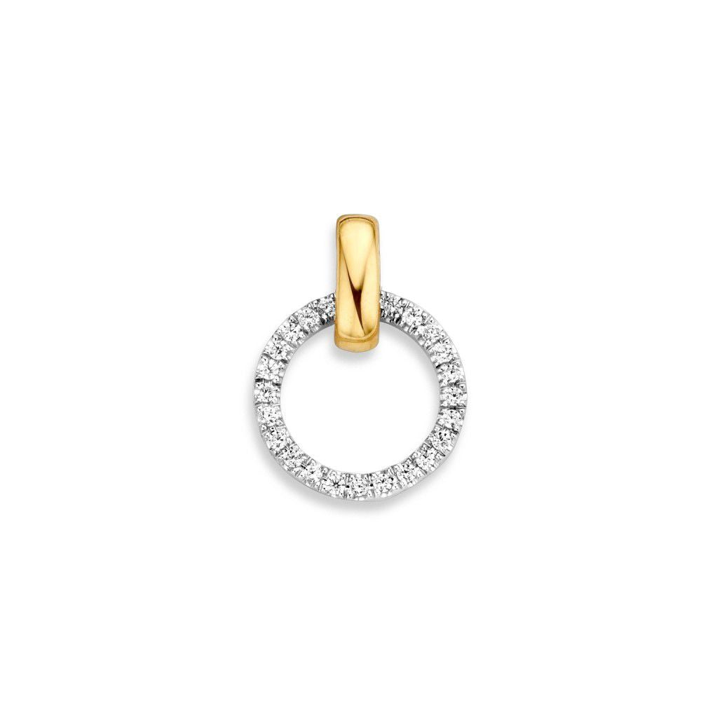 Pendentif en or jaune et blanc avec zircons, forme ronde et finition brillante.