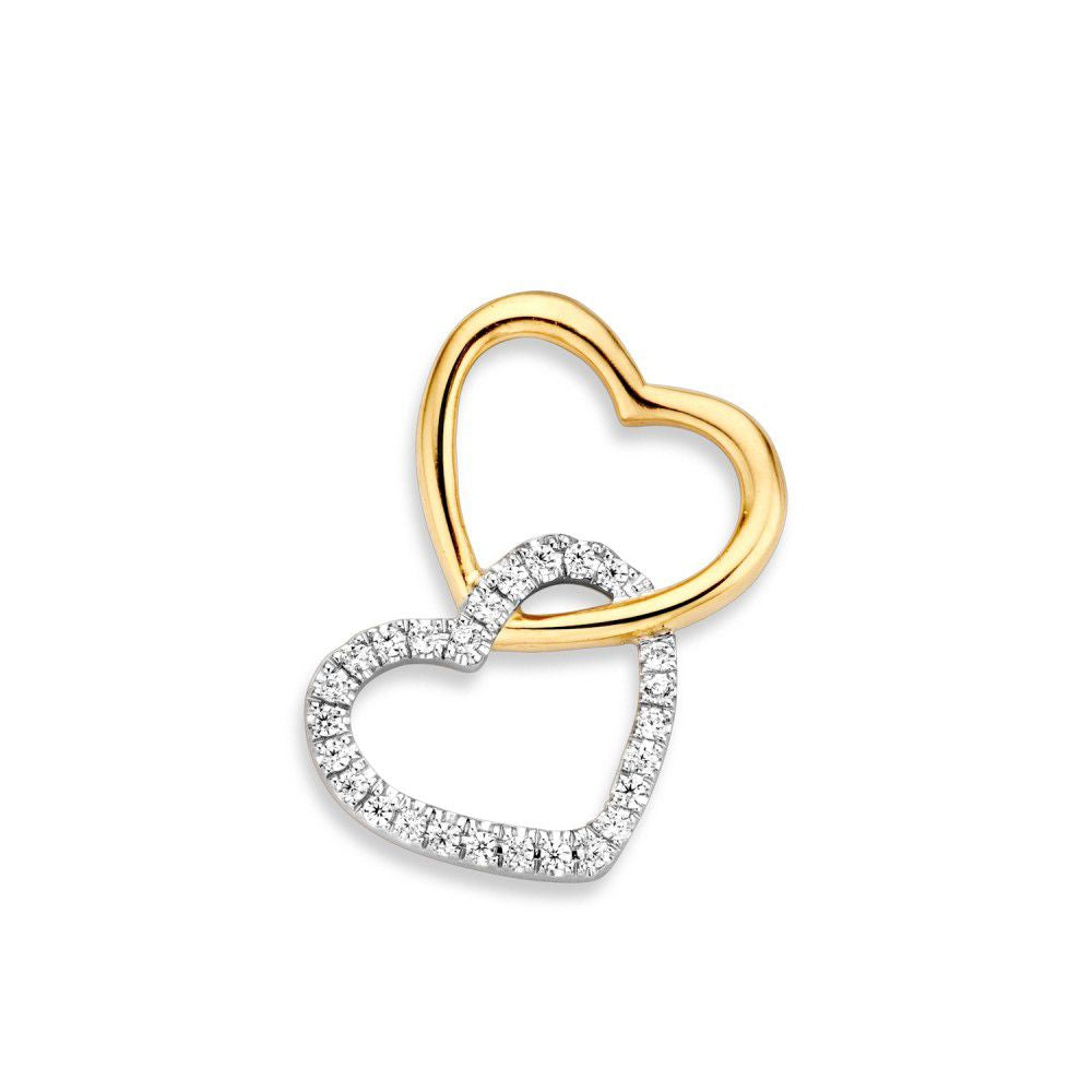 Pendentif en or jaune et blanc en forme de deux cœurs entrelacés, orné de zirconia.