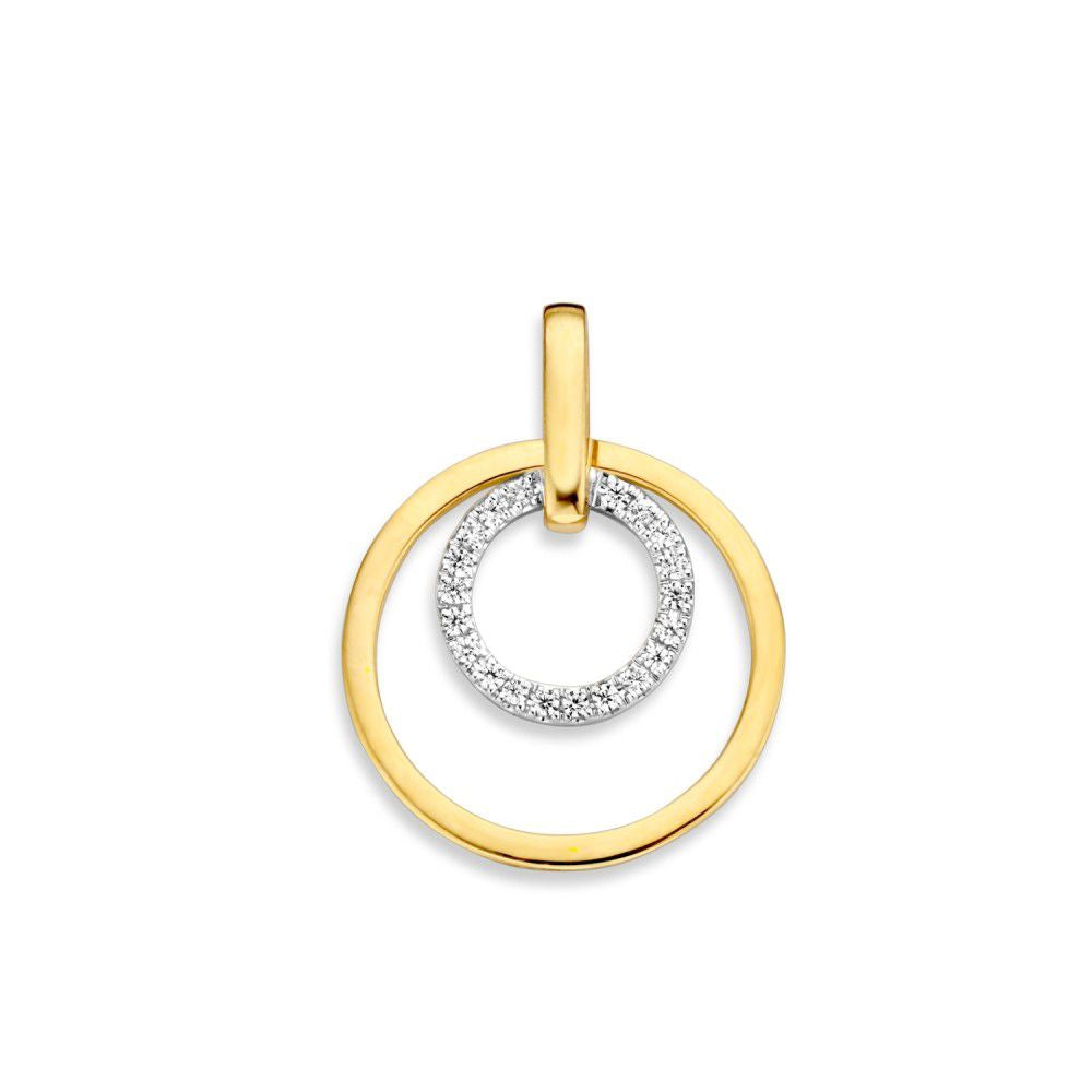 Pendentif en or avec deux cercles entrelacés, en or jaune et blanc, diamètre de 16 mm.