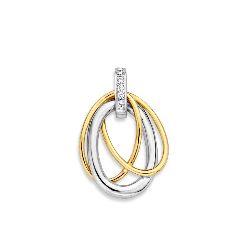 Pendentif bicolore en or avec zirconia, composé d'anneaux en or jaune et or blanc.