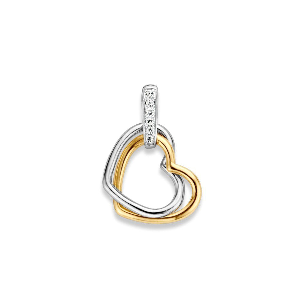 Pendentif en or bicolore en forme de cœur avec zirconia, en or jaune et blanc 14 carats.