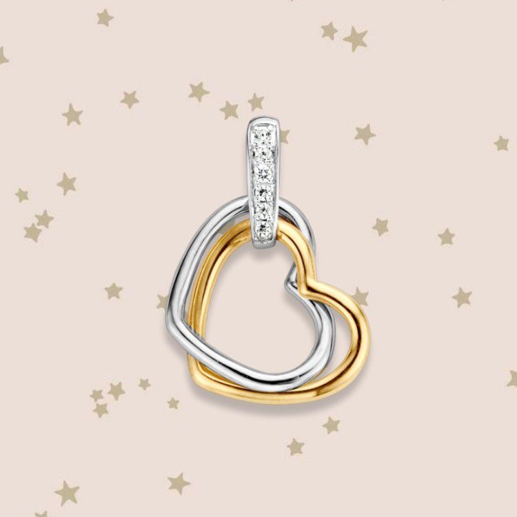 Pendentif en forme de cœur bicolore en or avec zircone – or jaune/blanc 14 carats