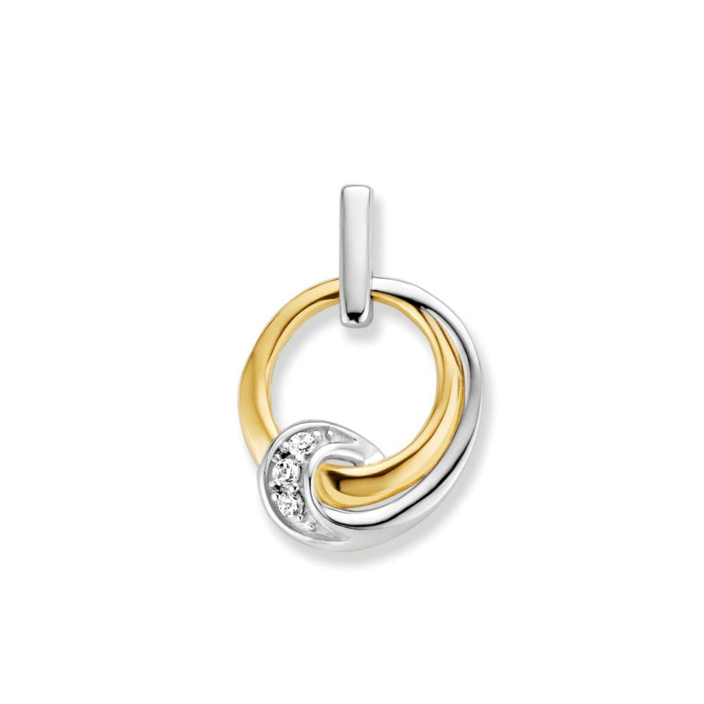 Pendentif bicolore en or blanc et or jaune avec zirconia, design élégant et raffiné.