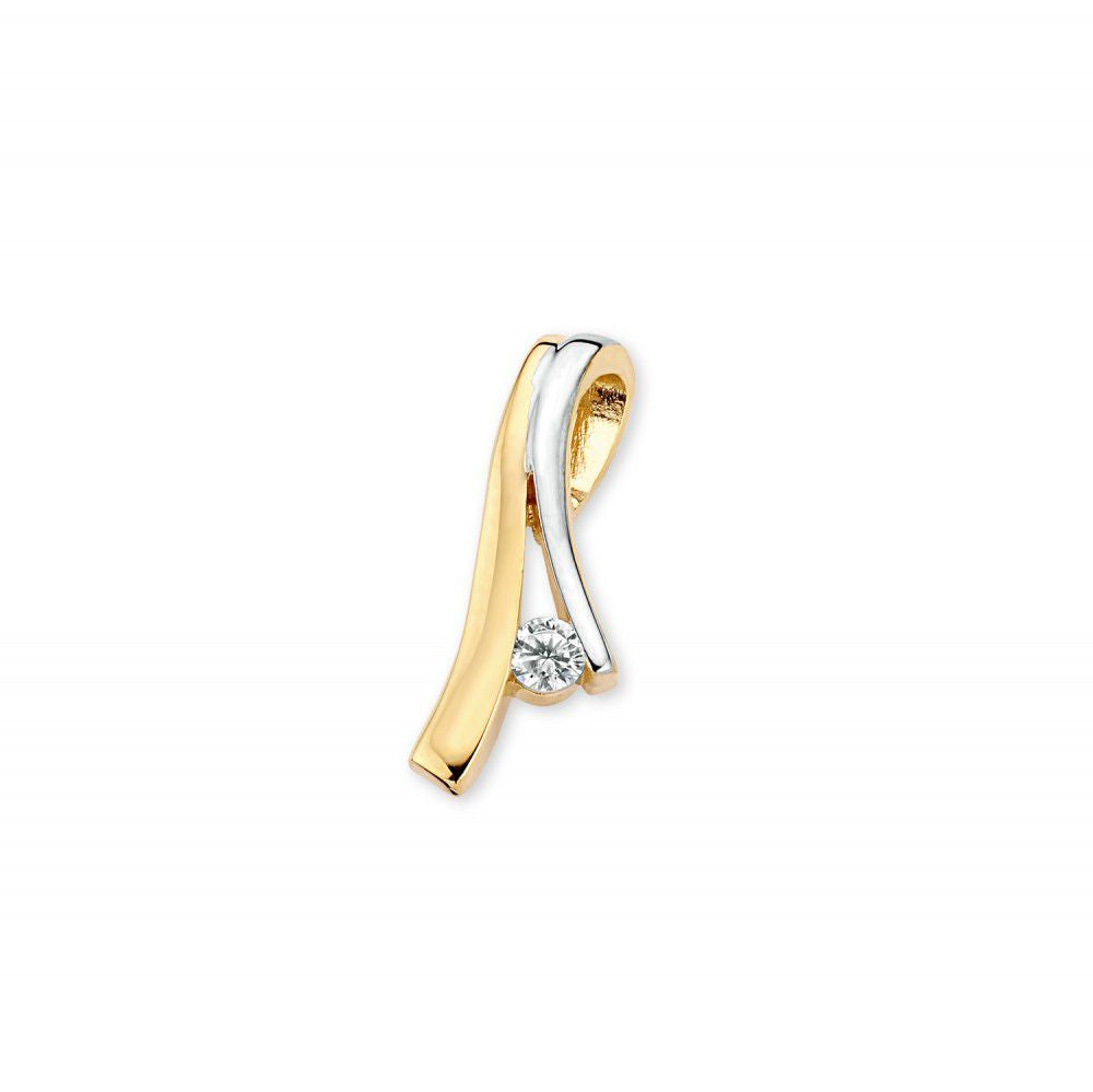 Pendentif bicolore en or jaune et blanc avec zirconium, finition lisse et design ondulé.