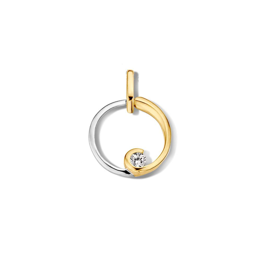 Pendentif bicolore en or blanc et or jaune avec zirconiums, en forme de cercle stylisé.