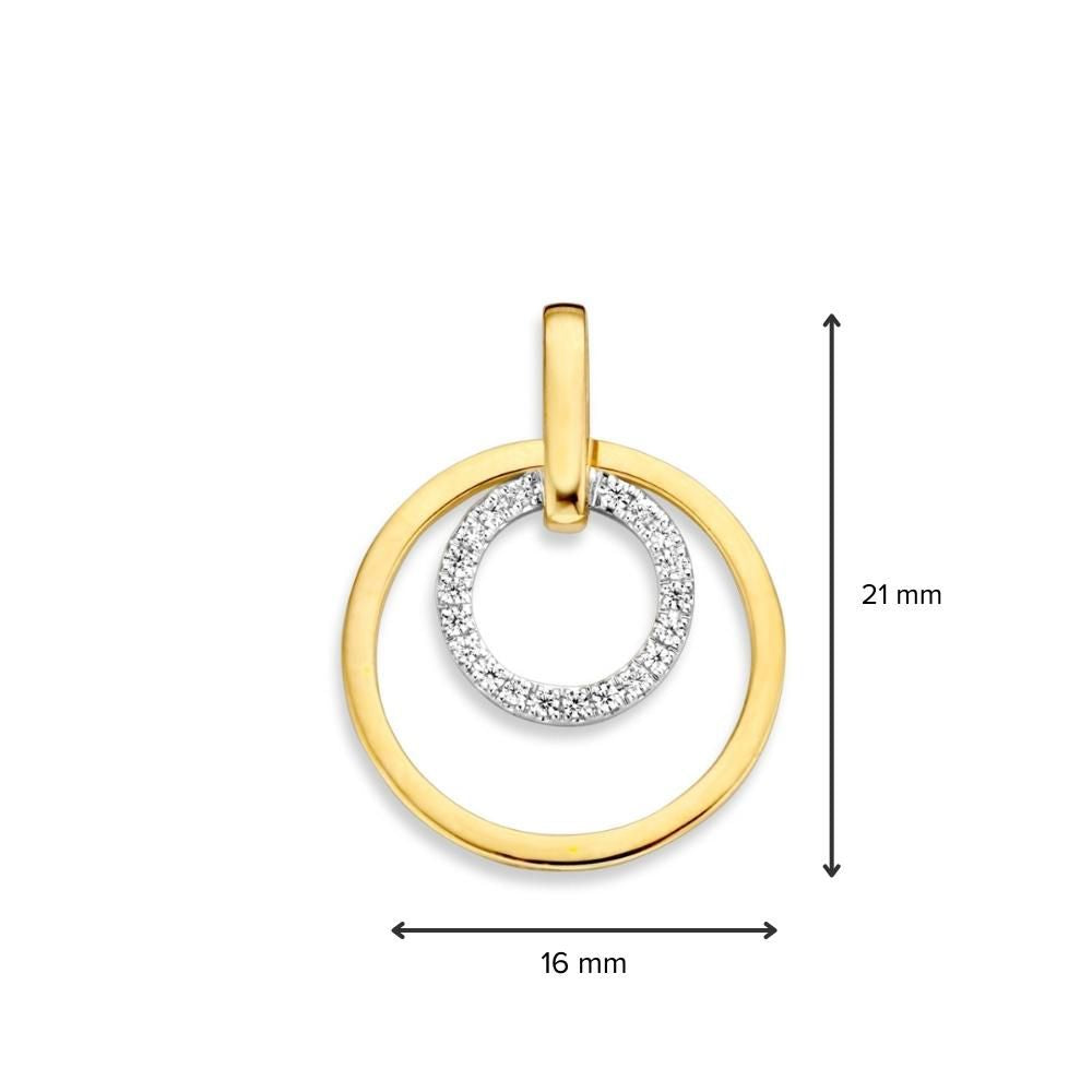 Pendentif en or ludique avec deux cercles imbriqués – or jaune/blanc 14 carats – 16 mm de diamètre
