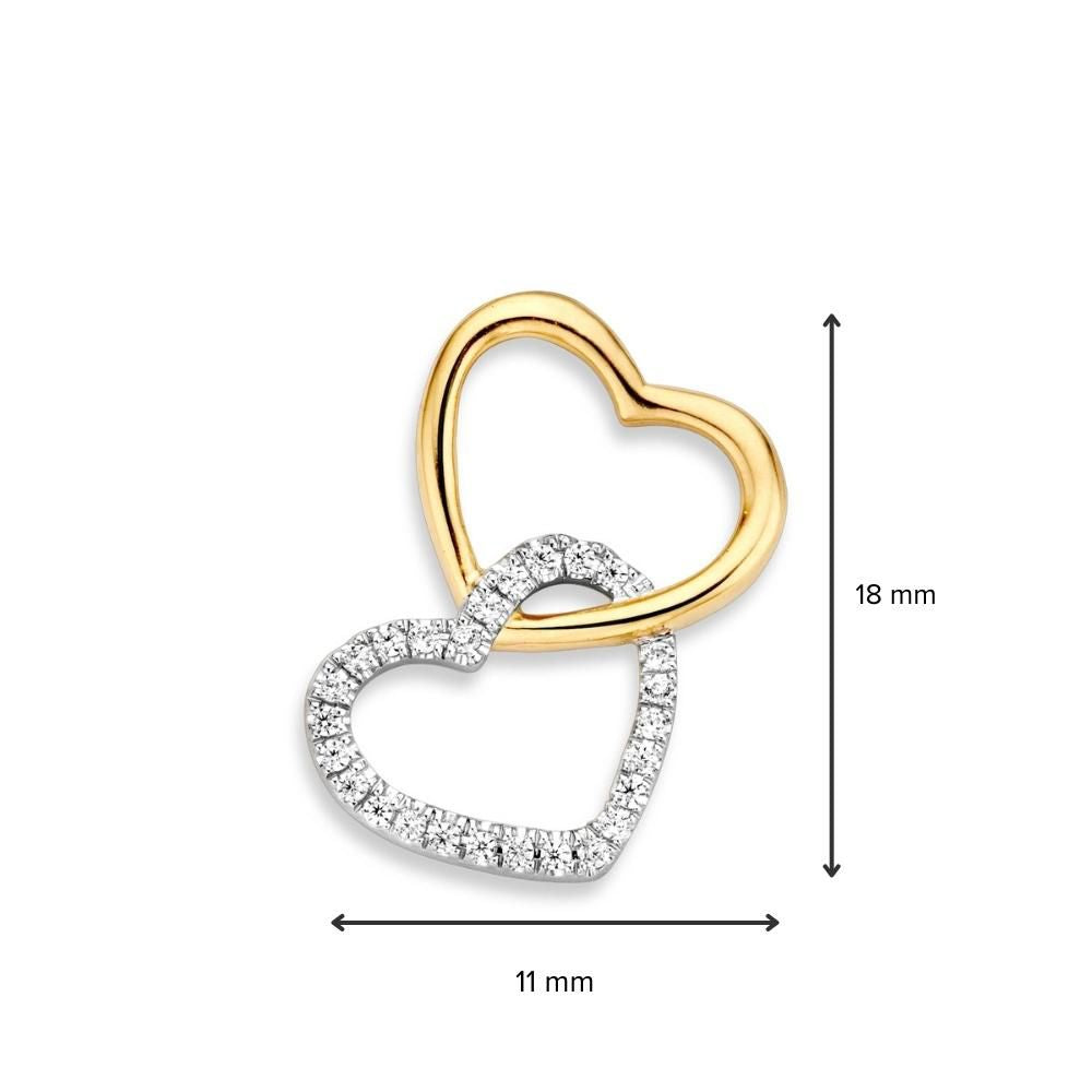 Pendentif en or de deux cœurs entrelacés – or jaune/blanc 14 carats – zircone