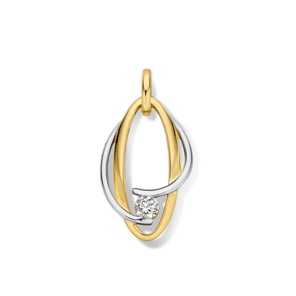 Bicolor hanger van wit- en geelgoud met een zirkonia in het midden en een vloeiende, ovale vorm.