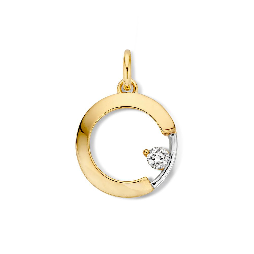 Bicolor gouden hanger in een cirkelvorm met een zirkonia-steentje, uitgevoerd in geel- en witgoud.