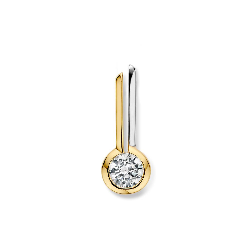 Bicolor gouden hanger met een ronde zirkonia in een strakke, moderne setting.