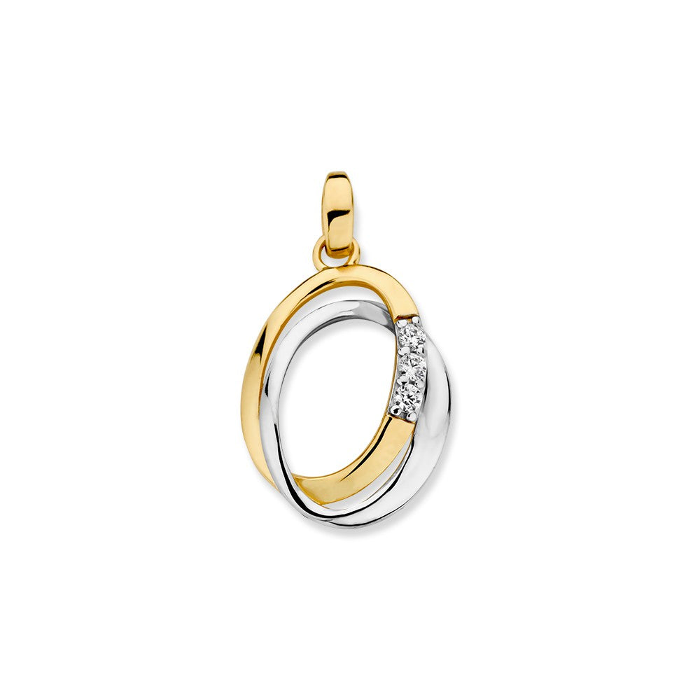 Pendentif bicolore en or 14K avec zirconiums, forme ovale et détails brillants.