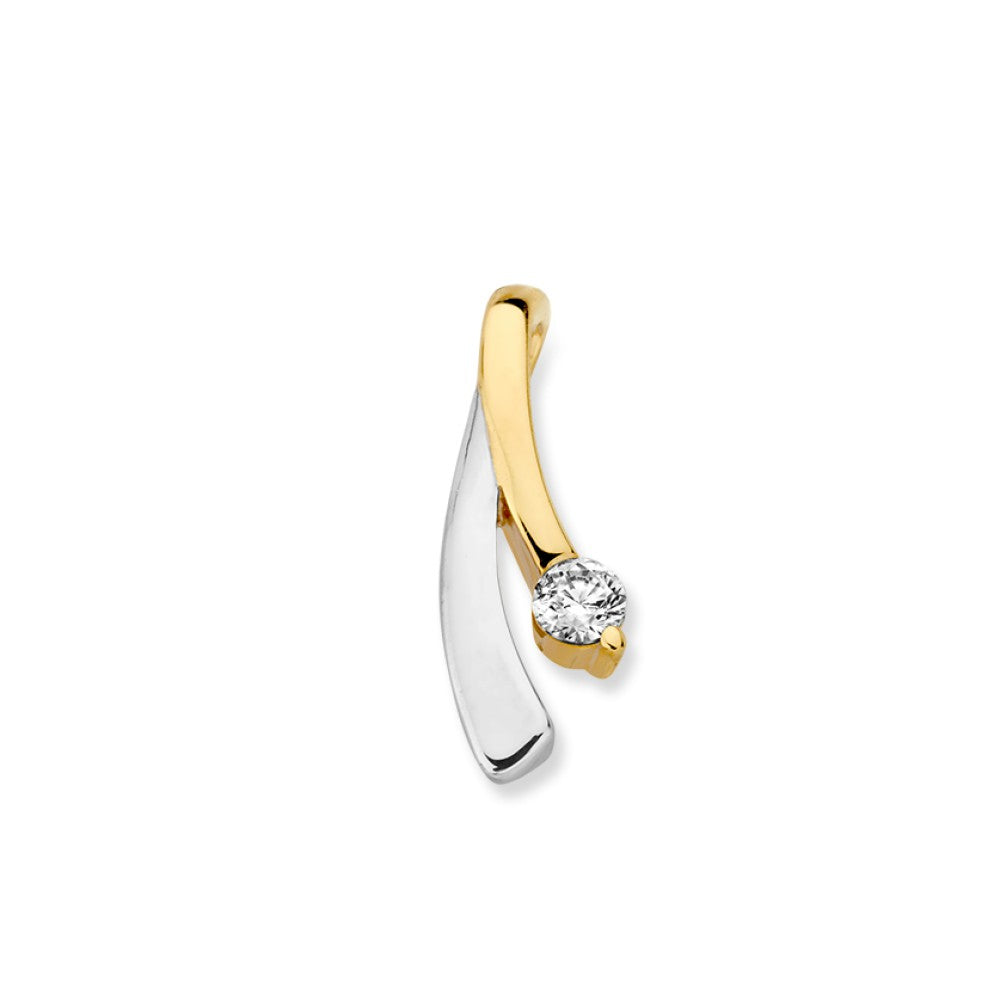 Pendentif bicolore en or 14K avec zirconium, finition brillante, forme ondulée.