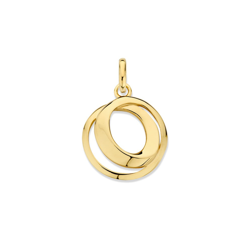 Geelgouden hanger met twee verbonden cirkels, glanzende afwerking en subtiele elegantie.