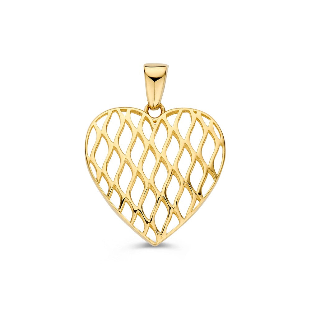 Pendentif en or jaune en forme de cœur avec un motif en treillis.