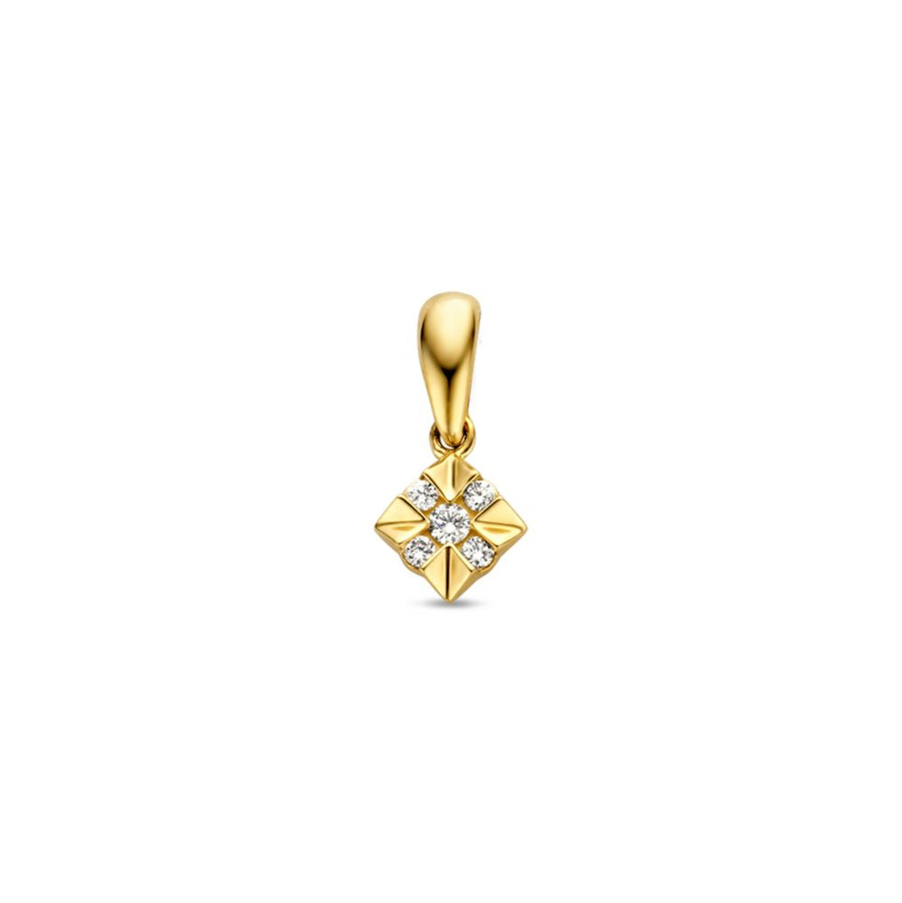 Pendentif en or jaune avec des diamants, forme carrée avec des détails en relief.