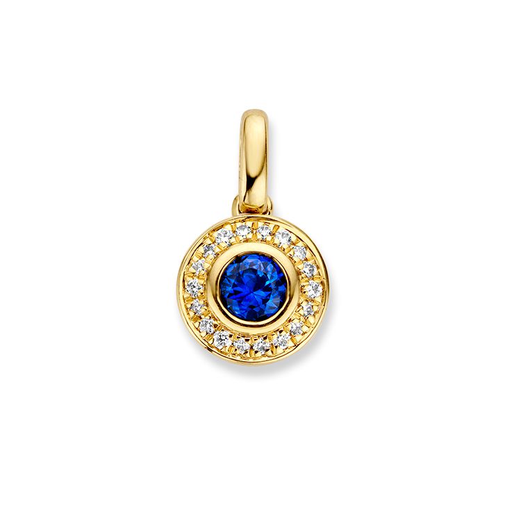 Pendentif en or jaune 14 carats avec saphir taillé en brillant et diamants.