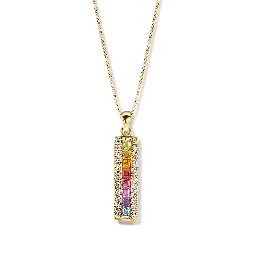 Pendentif en or jaune avec des pierres colorées joyeuses et des diamants.