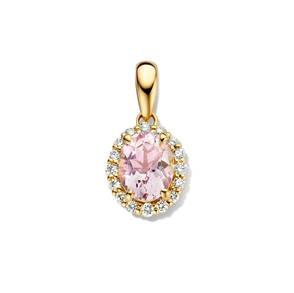 Pendentif en or jaune avec morganite ovale et diamants autour.