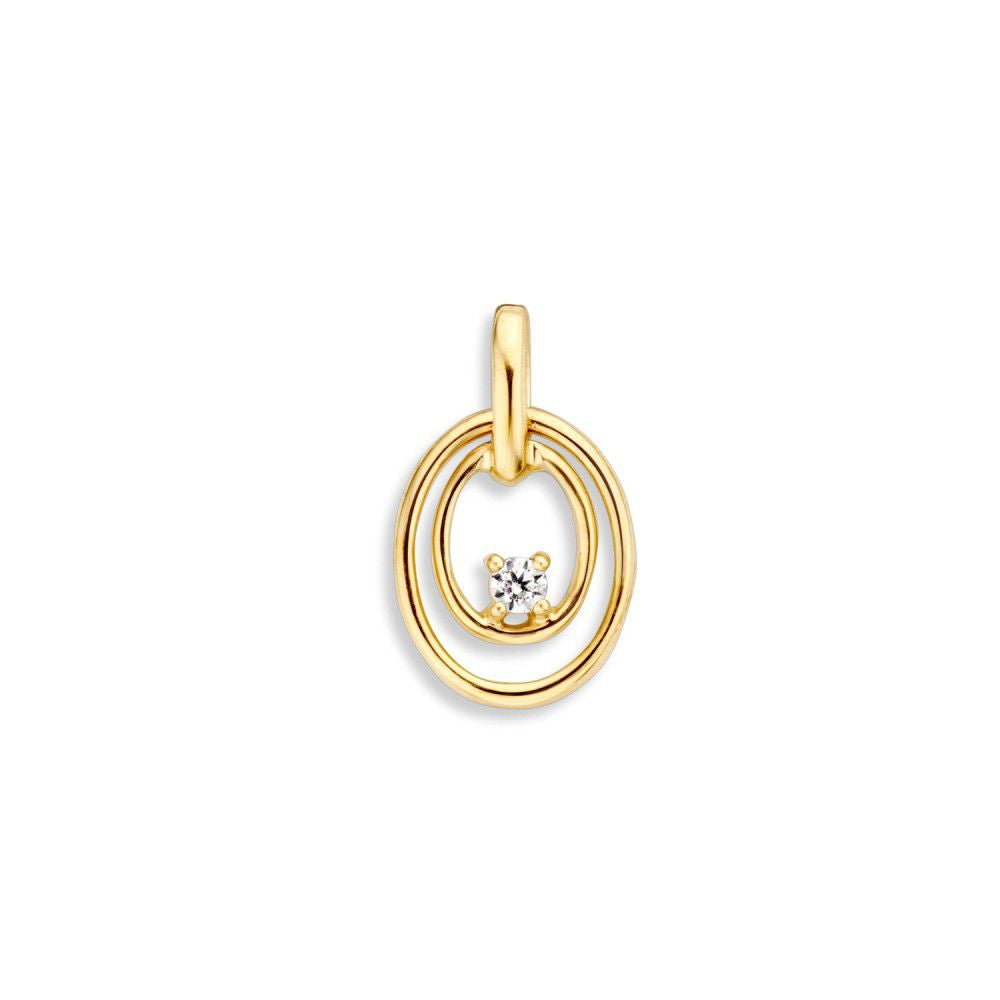 Pendentif en or jaune 14 carats avec zirconiums, forme ovale et design raffiné.