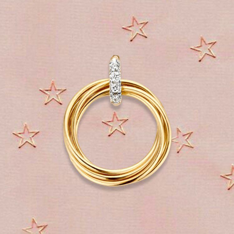 Pendentif en or bicolore avec des cercles mobiles et zircones – 14 carats, 1,1 grammes, 14 mm