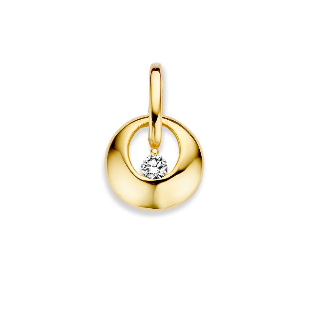 Pendentif en or jaune 14 carats avec zirconia, forme ronde et lisse, diamètre de 10 mm.