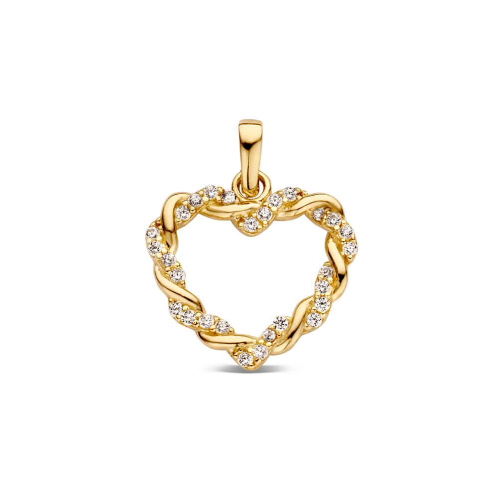 Pendentif en forme de cœur en or jaune avec une bande torsadée et des zirconias.
