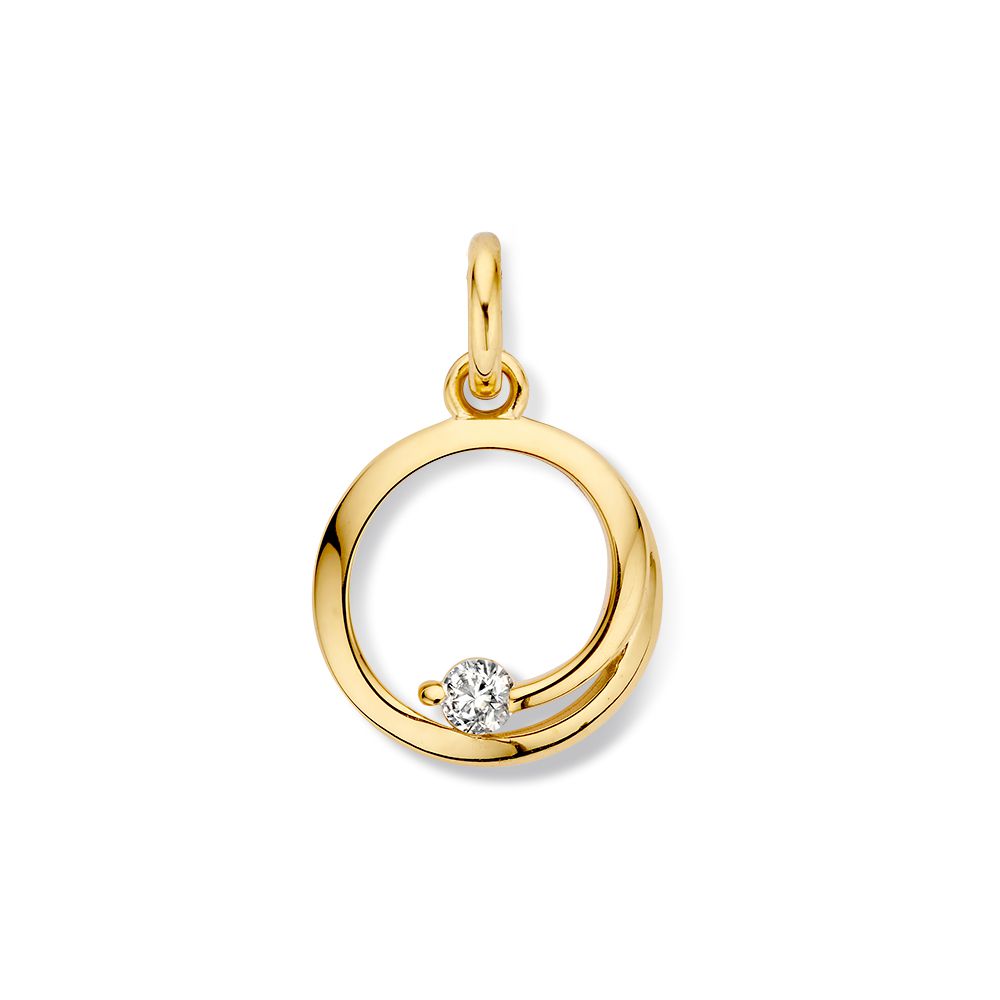 Pendentif en or jaune 14 carats avec zirconia, forme ronde, 18 mm x 13 mm.
