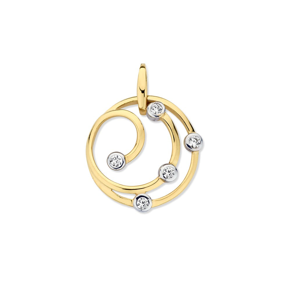 Pendentif en or jaune 14 carats avec zircons, design en spirale, diamètre de 16 mm.