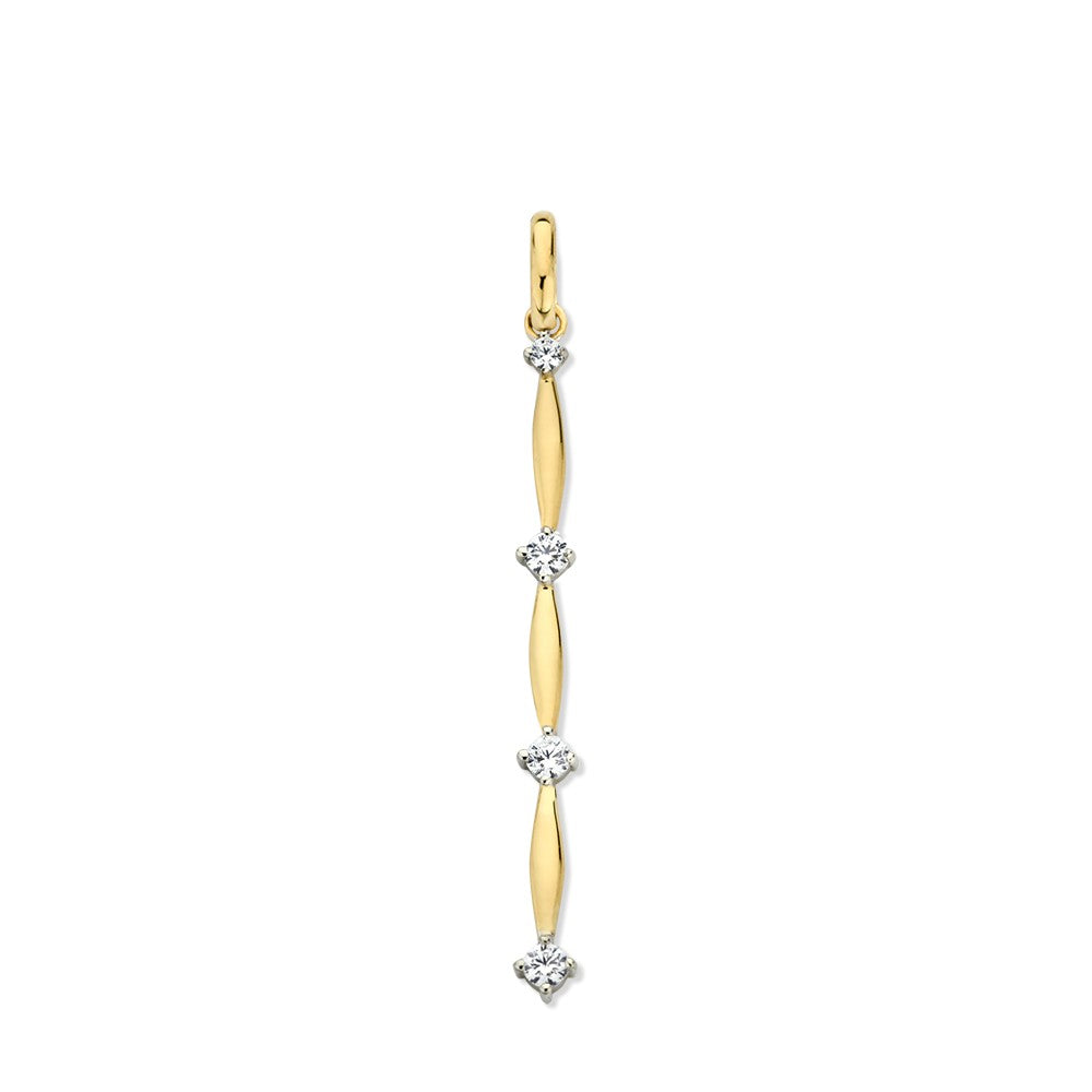 Pendentif et boucles d'oreilles en or jaune 14 carats avec zirconias, design élégant et allongé.