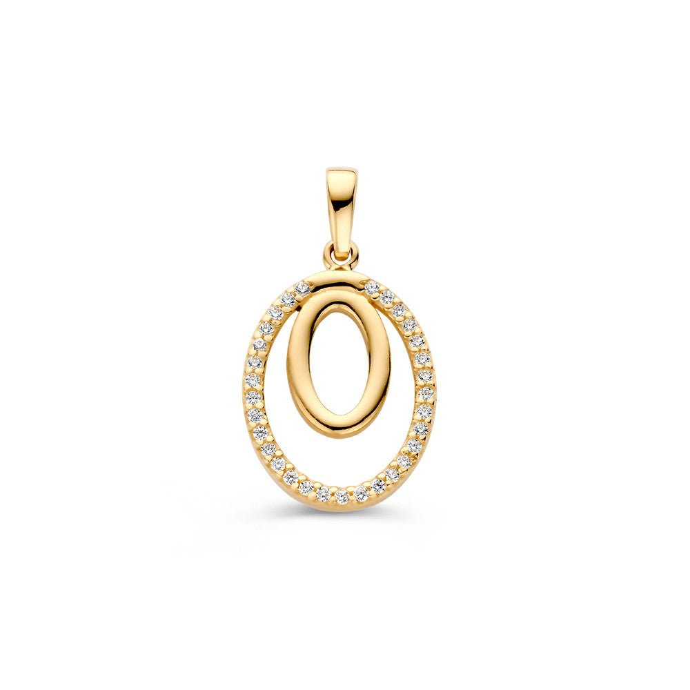 Pendentif en or jaune 14K avec diamants, forme ovale avec un design élégant.