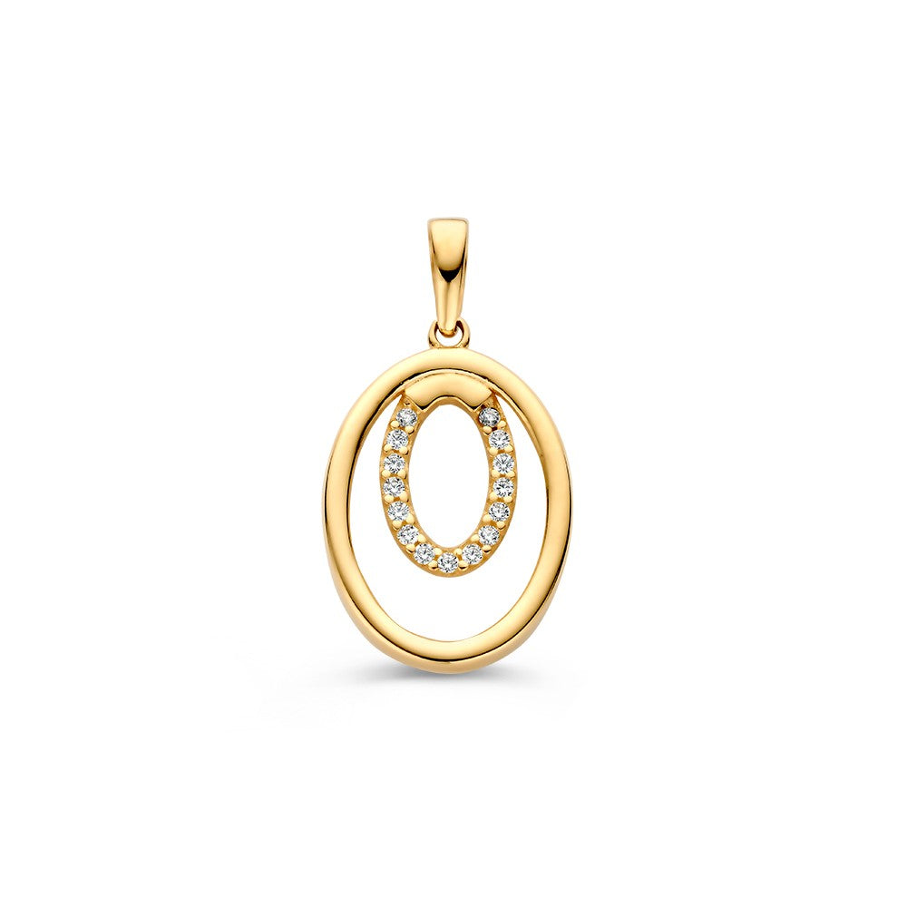 Geelgouden hanger in ovale vorm met een dubbele ring en bezet met zirkonia.