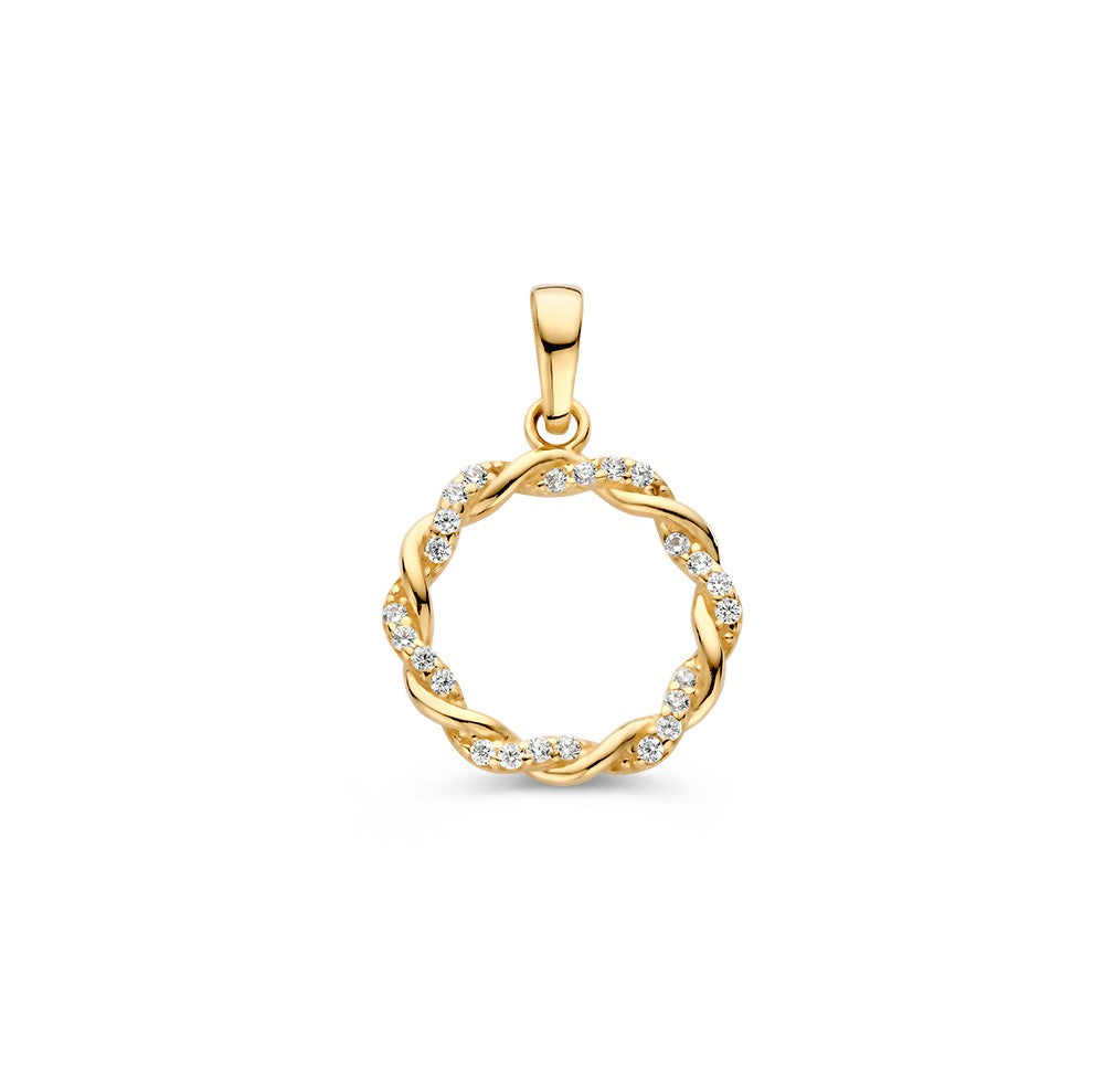 Pendentif en or jaune 14K avec bande torsadée et zirconia, forme circulaire.