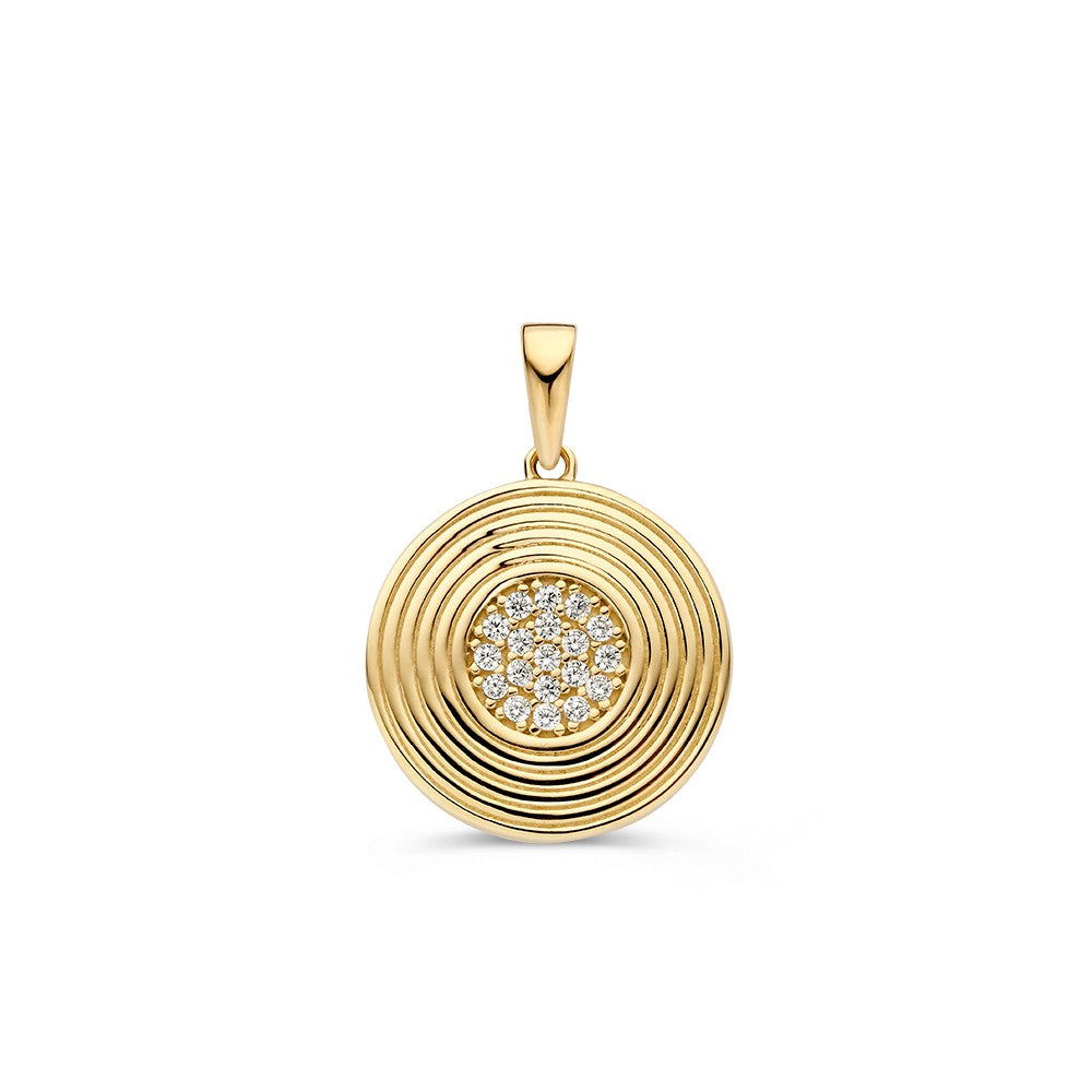 Pendentif rond en or jaune avec bordure travaillée et cœur en zirconiums, 15 mm.