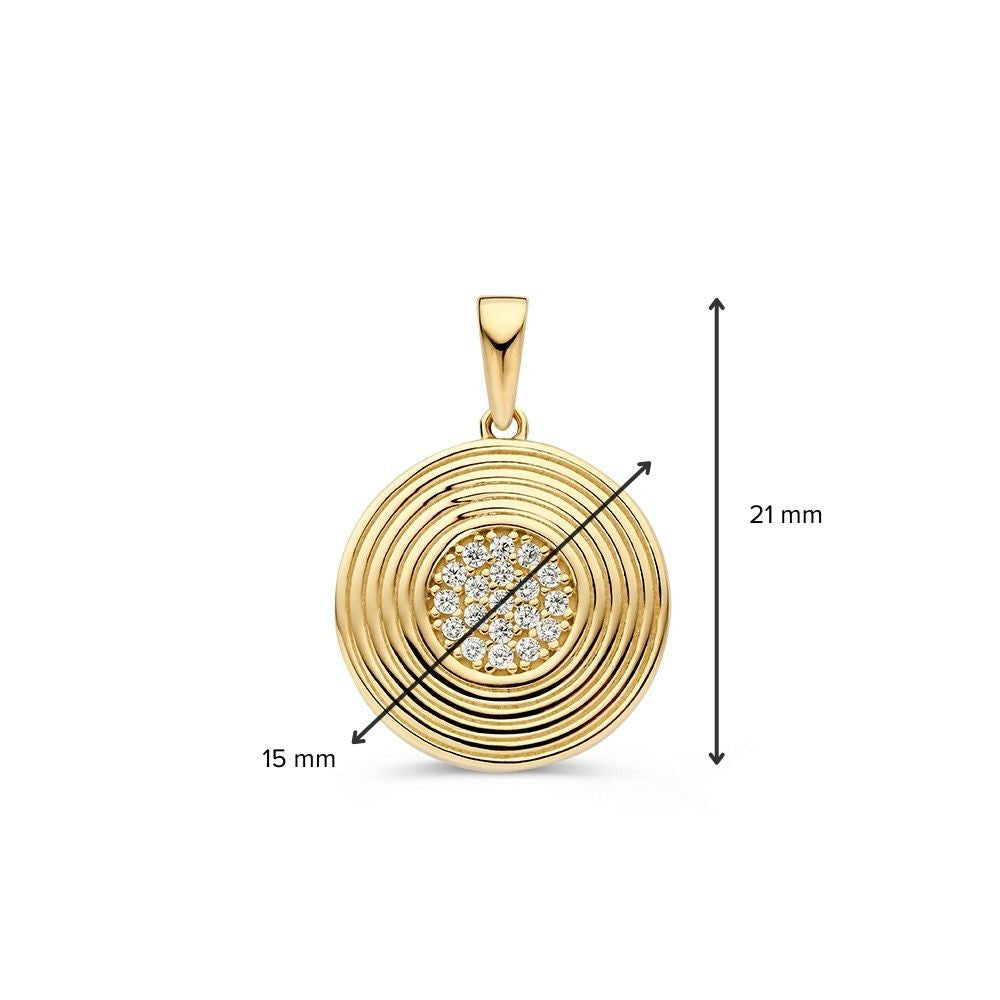 Pendentif rond en or jaune avec bord travaillé et cœur de zircones – 14 carats, 1,6 grammes, 15 mm