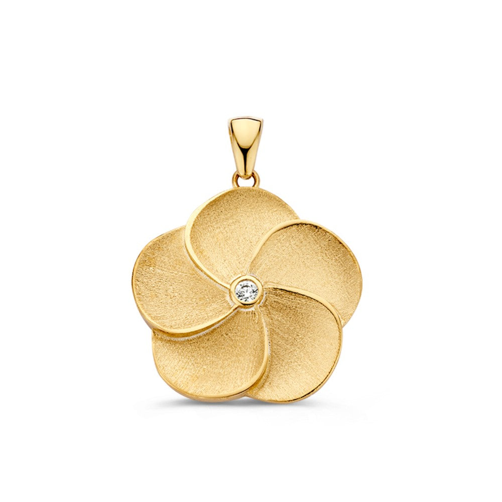 Pendentif en forme de fleur dorée avec une finition mate et un zircon.