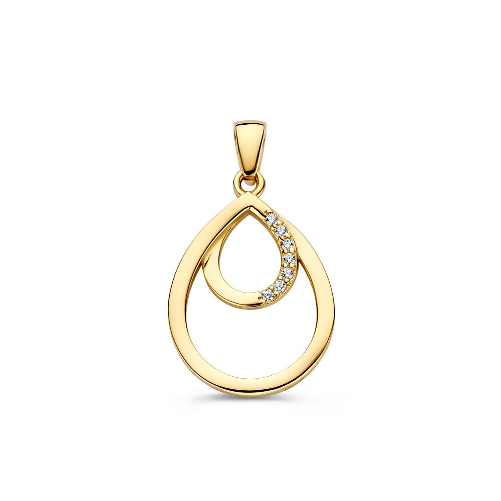 Pendentif en or jaune en forme de goutte avec zirconia, design élégant et luxueux.